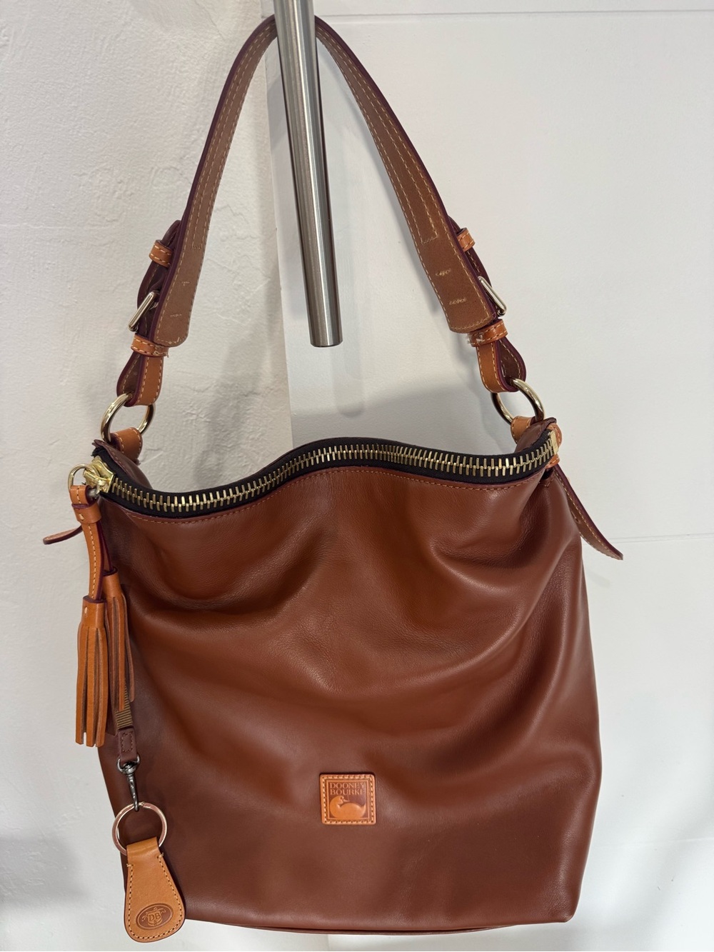 Dooney & Bourke Brown Leather Hobo Shoulder Bag with Tassel Charm